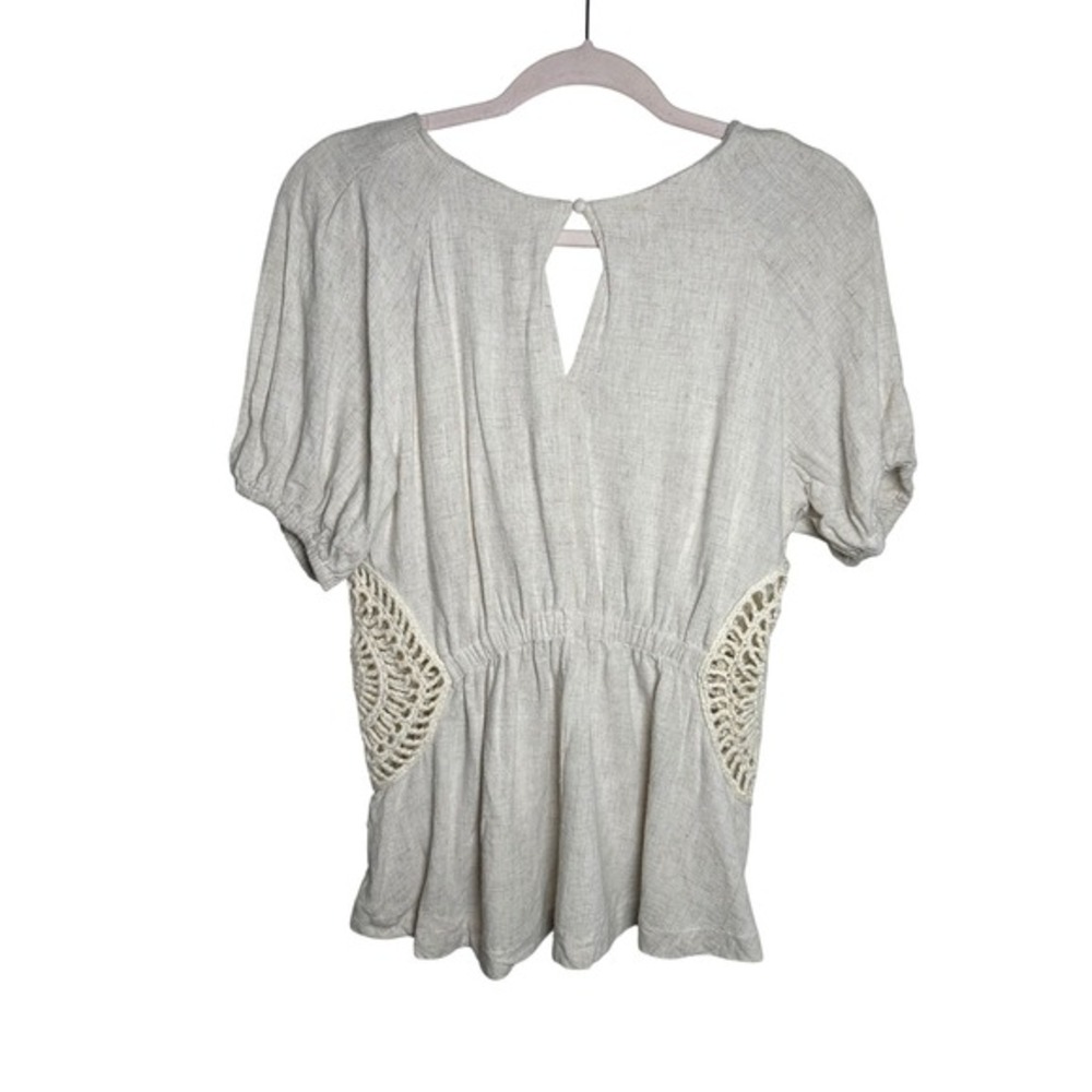 Umgee Linen Blend Crochet Side Panel Puff Sleeve Boho Top M - Picture 3 of 7